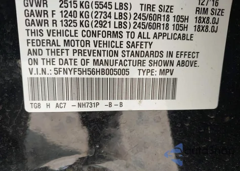 2017 Honda Pilot Ex-L z USA, uszkodzony, nr VIN 5FNYF5H56HB005005